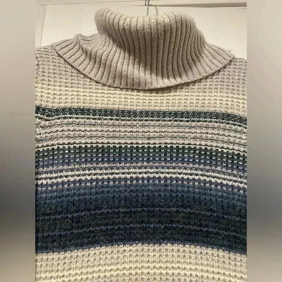 L.L. Bean Merino Wool Blend Blue Striped Cowl Neck Waffle Knit Pullover Size XS - Picture 8 of 10